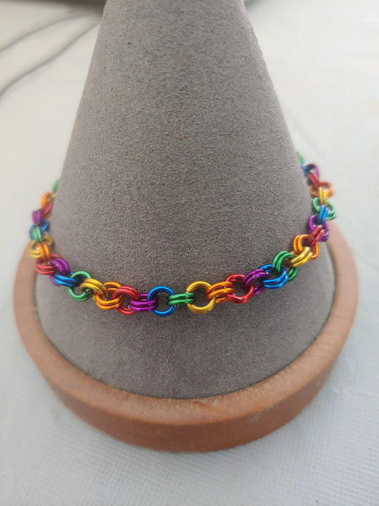 Rainbow Double Link Chainmail Bracelet Anklet LGBTQ Pride Custom Size Anodized Aluminum