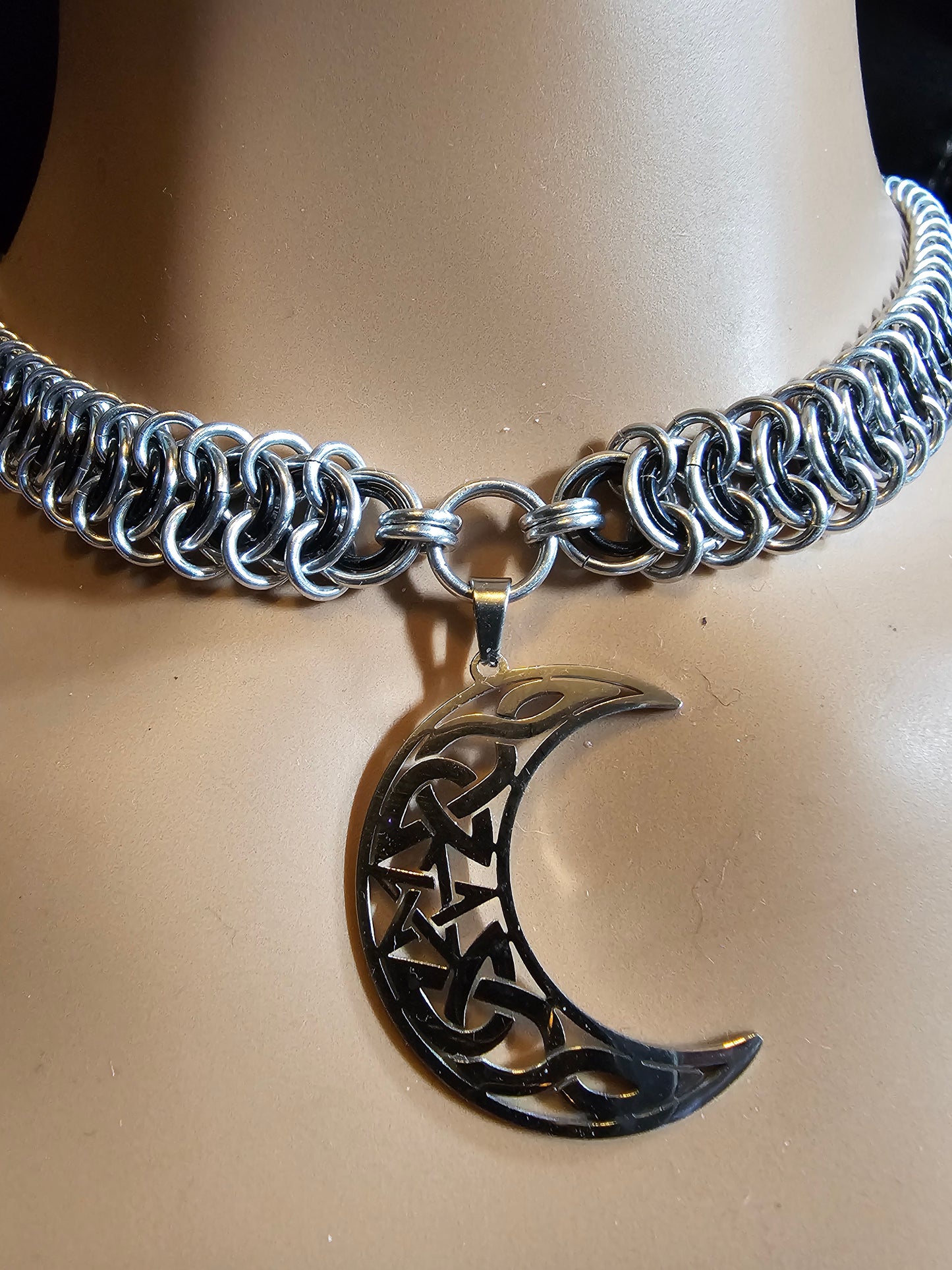 Custom Crescent Moon and Anodized Aluminum Vertebrae Weave Chainmail Choker Collar Necklace