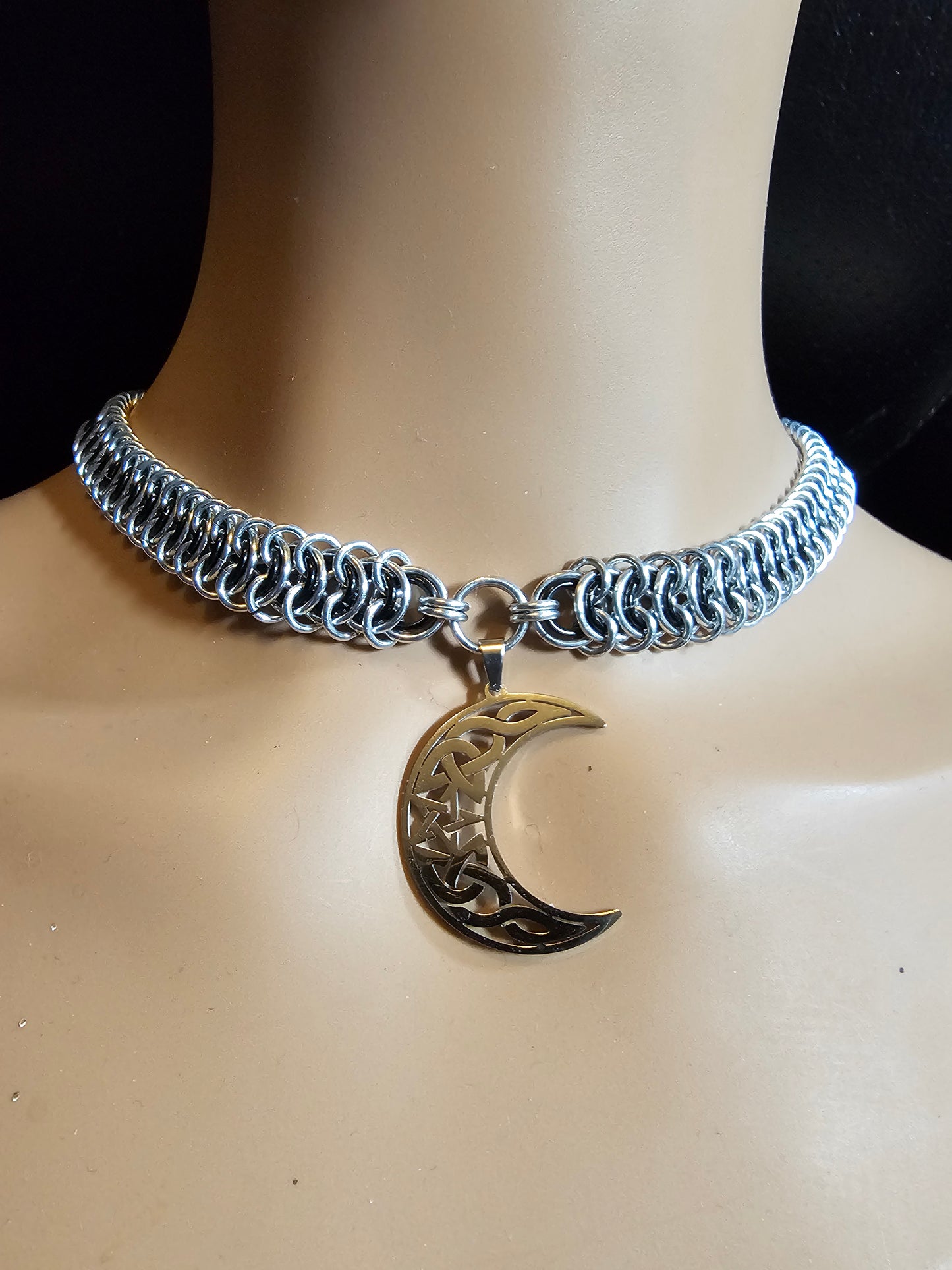 Custom Crescent Moon and Anodized Aluminum Vertebrae Weave Chainmail Choker Collar Necklace