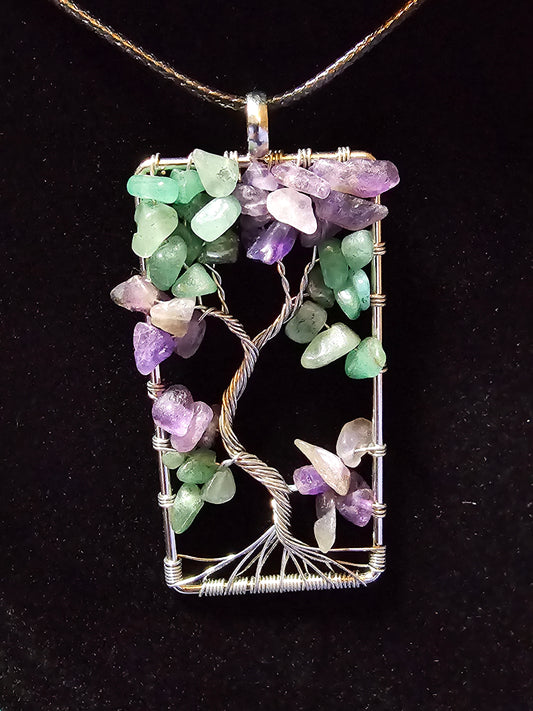 Amethyst and Aventurine Wire Wrapped Tree of Life Pendant Necklace