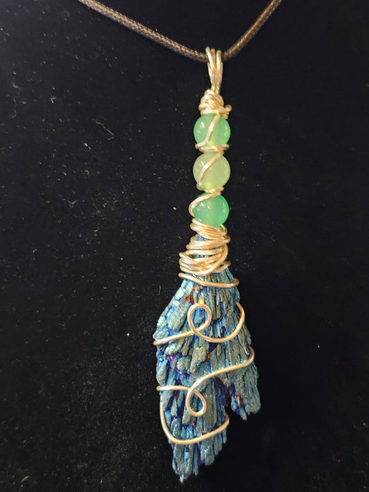 Blue Aura Kyanite and Aventurine Wire Wrapped Witch's Broom Necklace