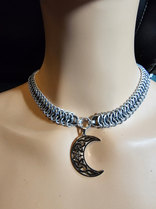 Custom Crescent Moon and Anodized Aluminum Vertebrae Weave Chainmail Choker Collar Necklace