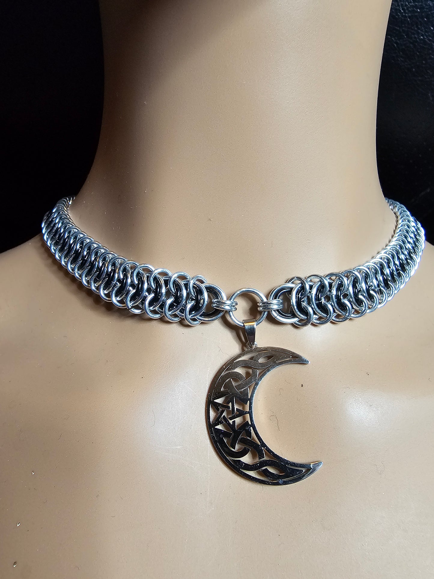 Custom Crescent Moon and Anodized Aluminum Vertebrae Weave Chainmail Choker Collar Necklace
